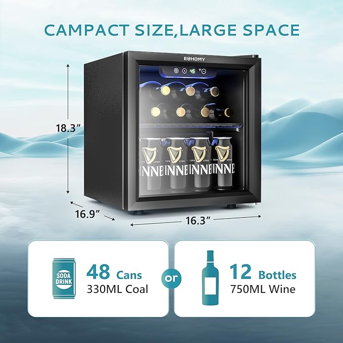 EUHOMY 12 Bottle 48 Can Mini Fridge Cooler, 1.3 Cu.Ft Beverage Refrigerator Glass Door for Beer Soda Wines,Small Refrigerator with Adjustable Shelves and LED Light for Office, Home, Dorm, Bar