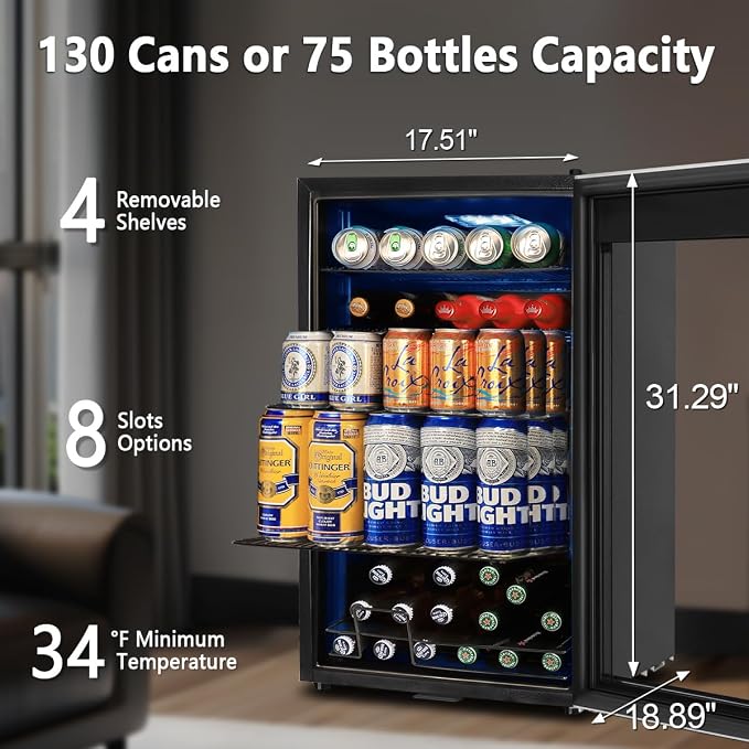 Beverage Refrigerator Cooler, 130 Cans 3.22 Cu.Ft Small Refrigerator with Low-E Glass Door, Lock, 17-Inch Beer Fridge for Drinks, Beer and Wine, Mini Fridge for Bedroom, Office and Bar, Silver