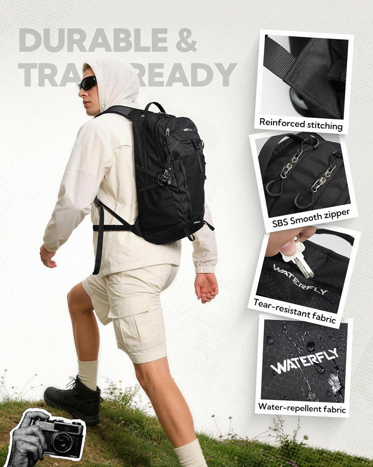 WATERFLY Lightweight 20L Hiking Backpack - Breathable Daypack with Phone Pocket & Hydration Compatibility