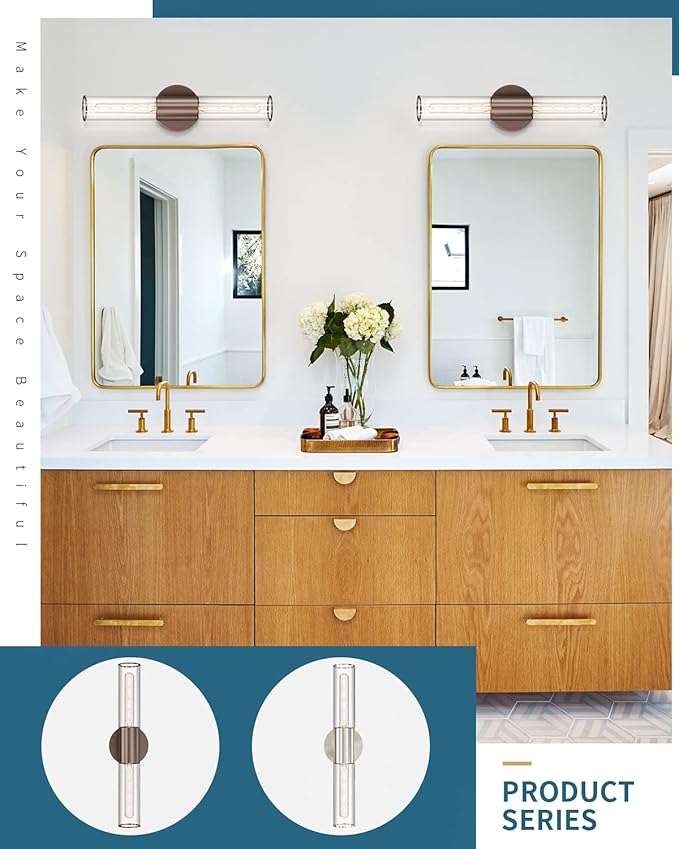Bathroom Vanity Light Fixture, 2-Light Oil Rubbed Bronze Wall Sconce Lighting Fixture with Clear Glass, Indoor E26 Socket Wall Lamp for Mirror Living Room Hallway(Bulb Not Included)