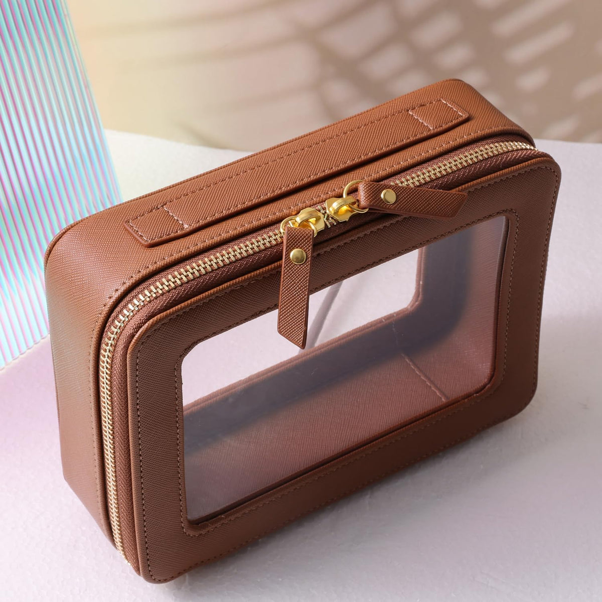 SANHECUN Toiletry bag waterproof cosmetic organizer with handle large opening for travelling car organizer (Brown)