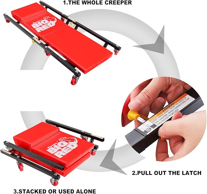 BIG RED 2-Piece Rolling Garage/Shop Creeper: 36" Padded Mechanic Cart with Headrest and 6 Casters, Red