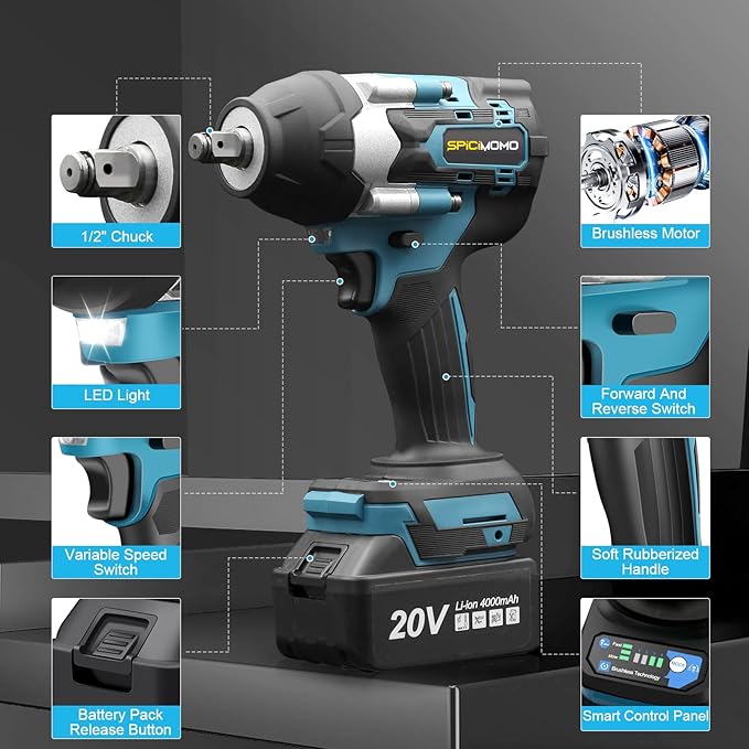 SPICIMOMO Cordless Impact Wrench 1/2 Inch - 600N.m Battery Powered High Torque Impact Gun with 2 Packs 4.0Ah Batteries, Electric Impact Driver/Drill for Auto Repair, Home DIYers and Mechanics