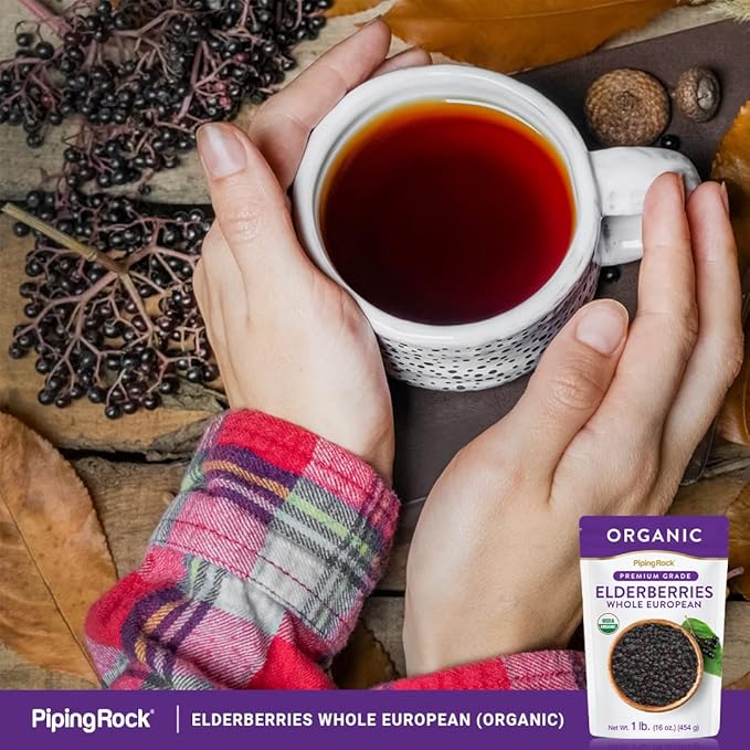 Piping Rock Elderberries Dried Organic | 1lb Bulk Supplement | European Whole Berries | Vegetarian, Non-GMO, Gluten Free