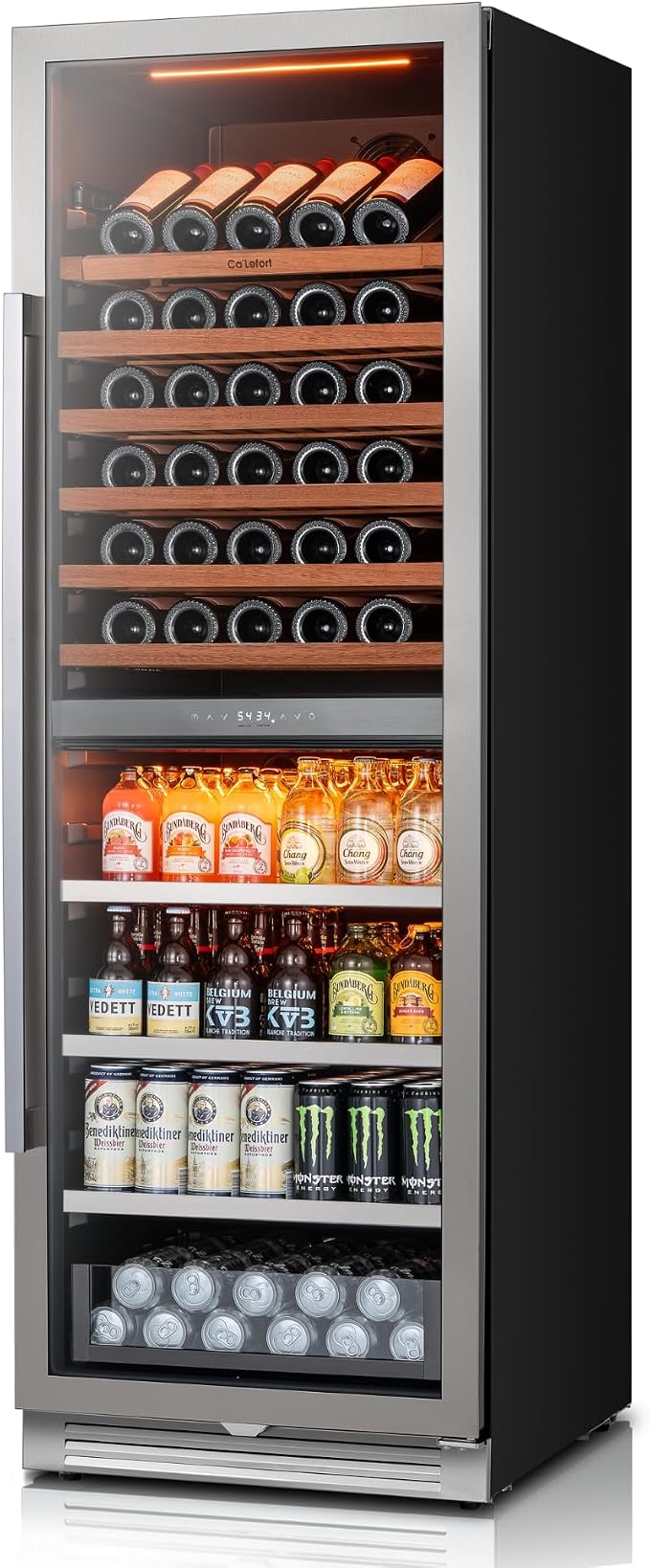 Ca'Lefort 24 Inch Dual Zone Wine & Beverage Center, 185 Can & 77 Bottle | 69-Inch Tall Wine Cellar, Quiet Inverter Compressor, 40-65°F Temperature Control, Display Shelf, Glide-Out Shelves & Drawer