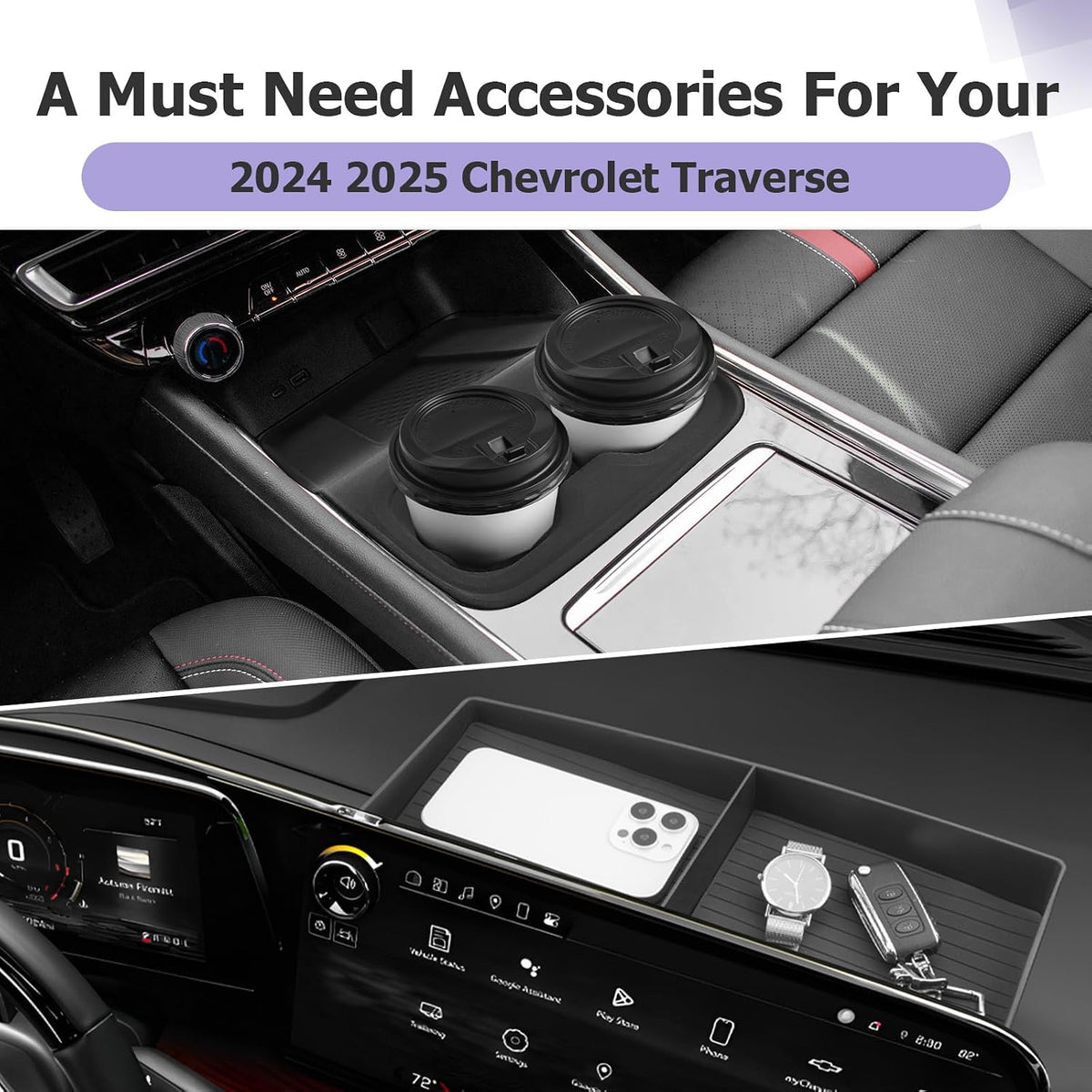 LUWU 2025 2026 Traverse Center Console Organizer Tray Compatible with 2025 2026 Chevrolet Traverse Accessories 2025 2026 Traverse Center Console Cup Holder Dashboard Storage Tray Black 2-Pack
