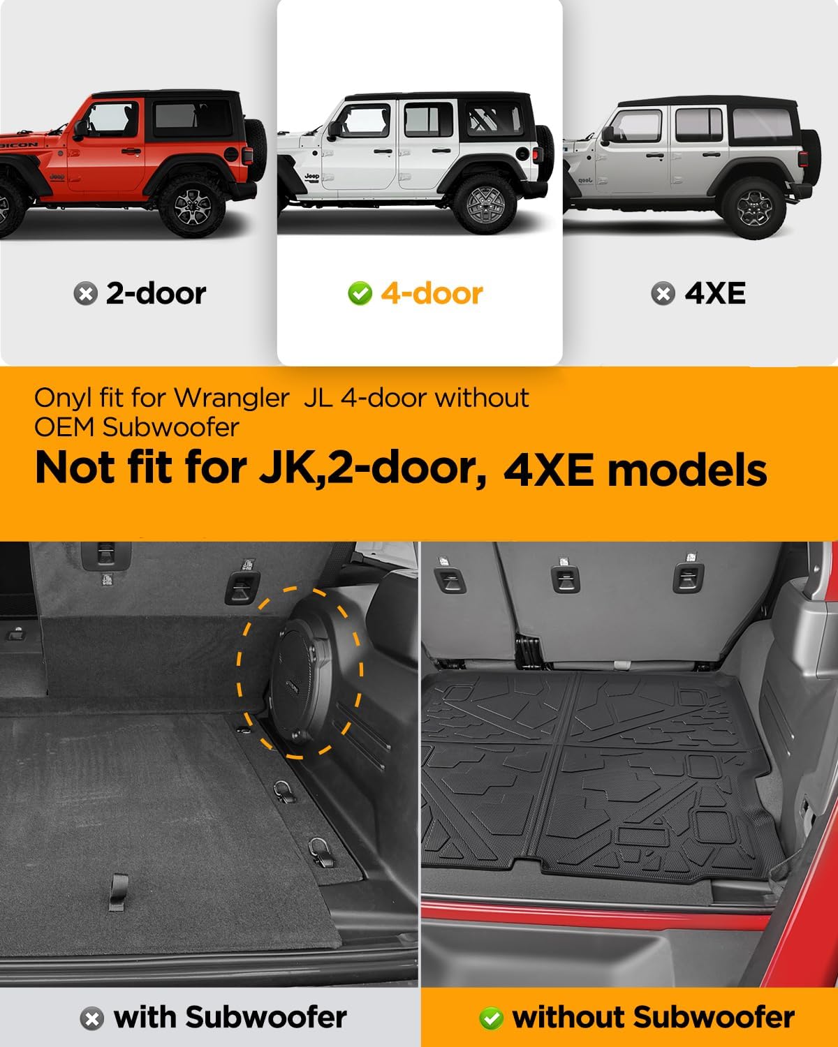 for Jeep Wrangler JL 2018-2025 Unlimited 4 Door Without Subwoofer (Non JK or 4XE) Floor Mats Cargo Liner Trunk Carpet TPE All Weather mat for Wrangler JL 2019 2020 2021 2022 2023 2024 Car Accessories
