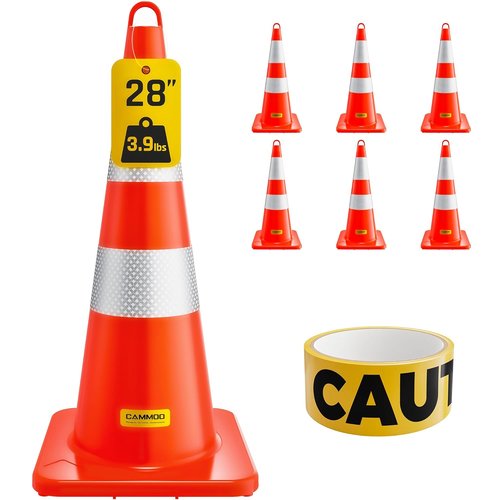 CAMMOO Traffic Cones - 28 Inch MUTCD-Compliant Orange Safety Cones with Reflective Collar & Caution Tape