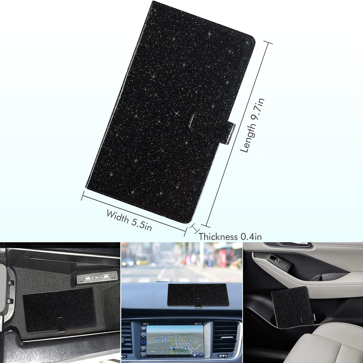 Caweet Car Registration and Insurance Holder Vehicle Glove Box Organizer Leather Car Document Holder for Driver's License, ID, Key Information Cards with Magnetic Closure, Glitter Black