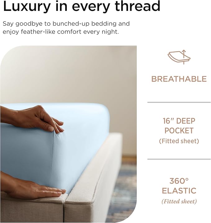 Threadmill Luxury 800 Thread Count Full Size 100% Cotton Sheets - Light Blue Sateen Weave Bed-Sheets, Better Than Egyptian Cotton, 4 Pc Solid Bedding Set, Fits 16" Deep Pocket