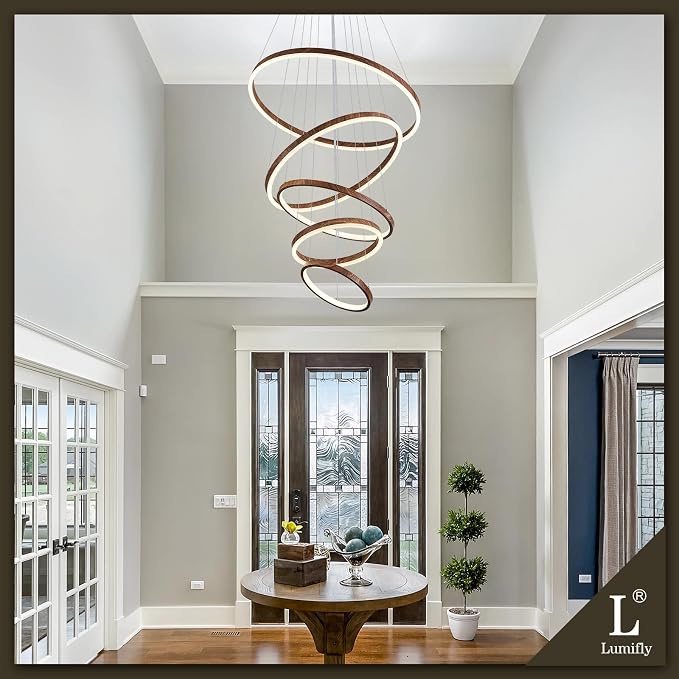 Modern LED Ring Chandelier 5-Light Chandelier Wood Grain Dimmable Round Foyer