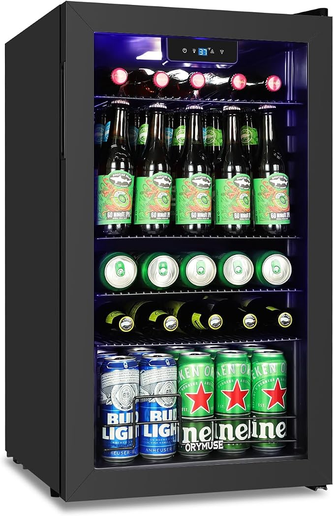 3.2 Cu.Ft Beverage Refrigerator, 130 Can Mini Fridge with Glass Door & Digital Temperature Control, Compressor Cooling Freestanding Cooler for Soda, Beer, Wine, Home, Office & Bar - Black