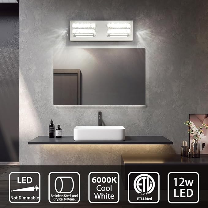 OKELI Crystal Bathroom Lighting Fixtures Over Mirror 2 Light Chrome Vanity Light Modern Vanity Wall Light for Washbasin, Dressing Table, 18W, Dimmable Cold White