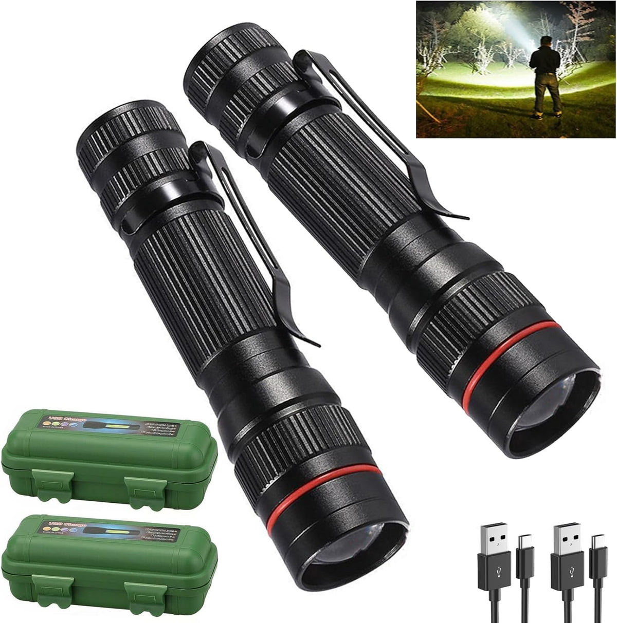 Wrrozz Rechargeable Flashlight 2-Pack - Super Bright LED Mini Pocket Torch | Zoomable Keychain for Camping & Emergencies