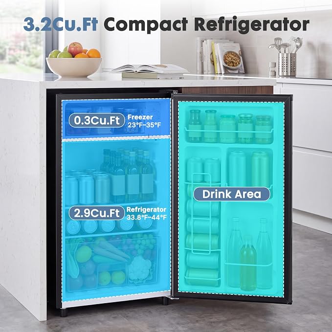 DUMOS 3.2 Cu.Ft Mini Fridge with Freezer, Single Door Refrigerator with Adjustable Thermostat, Compact Small Fridge for Bedroom, Office, Dorm, Black, Single Door