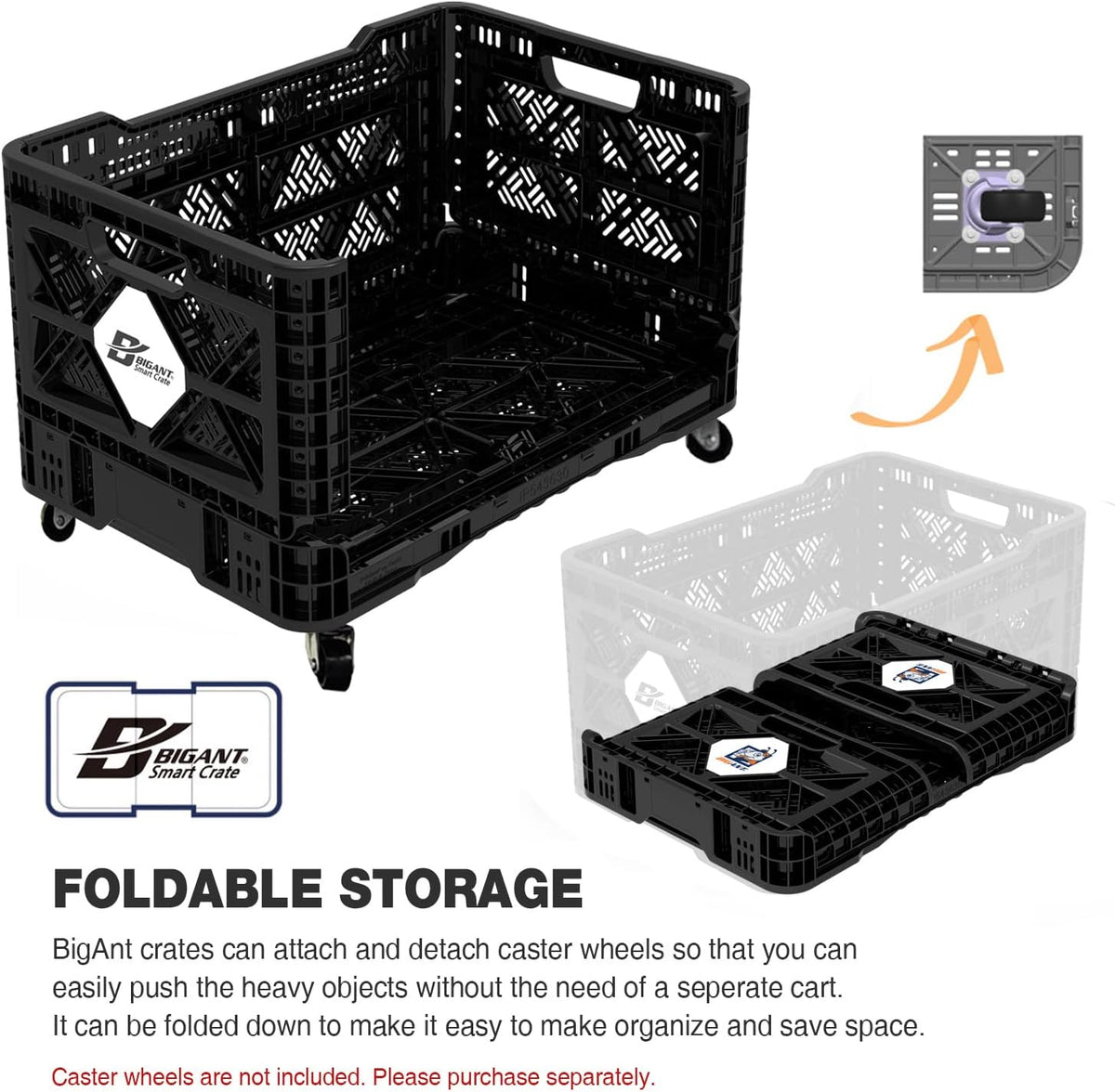 Bigant Heavy Duty Collapsible & Stackable Plastic Milk Crate-Medium Size, Black, Stackable Open Front Organizer, Set of 1, Snap Lock Foldable Industrial Garage Storage Bin Container Utility Basket