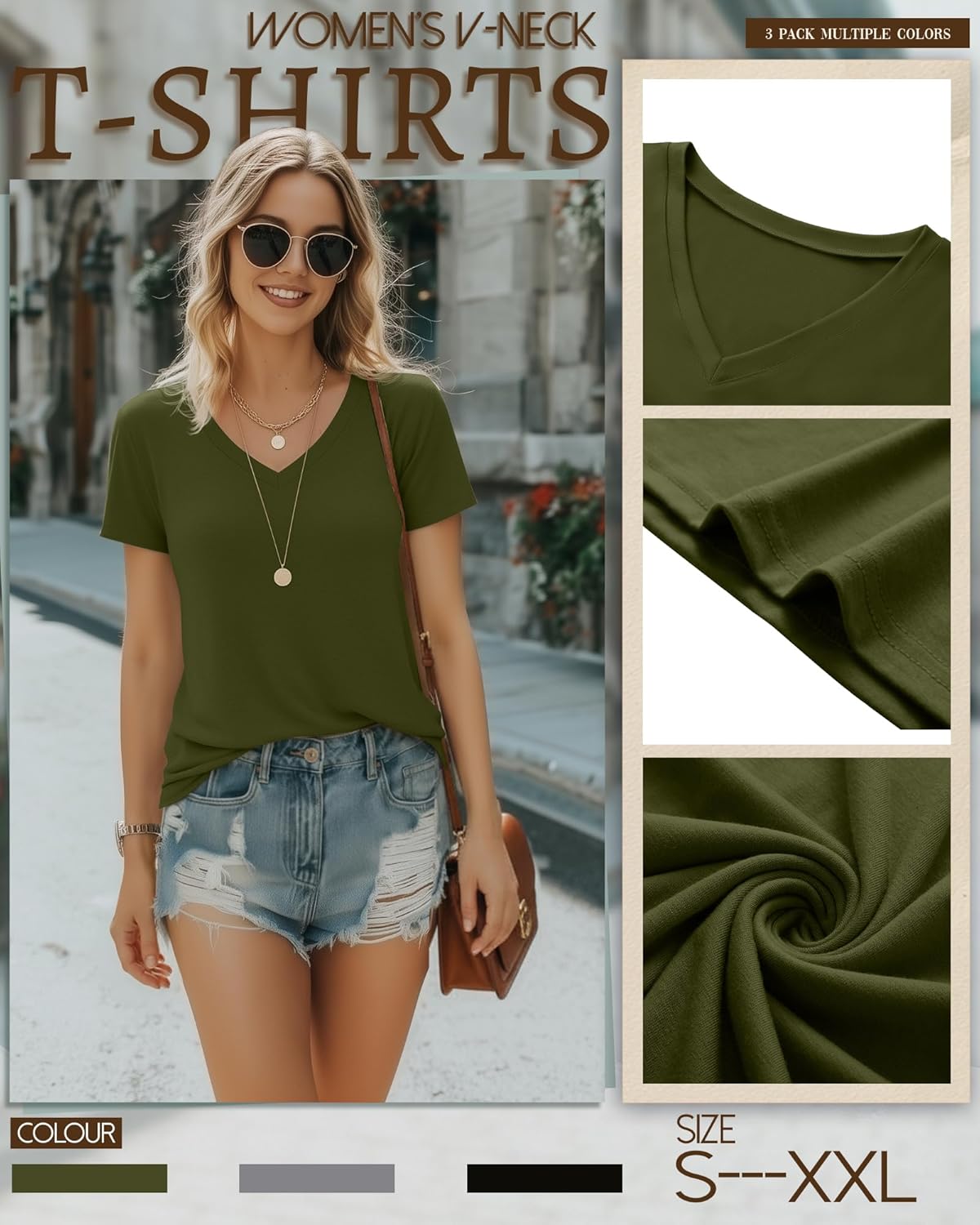 Riyiper Women's V-Neck T-Shirts - 3 Pack of Casual Short Sleeve Tops | Loose Fit & Trendy Design