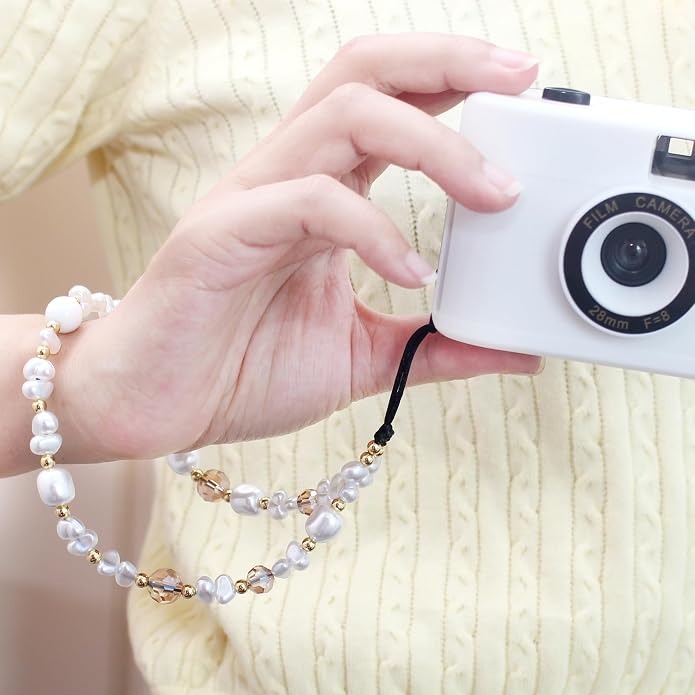 CMVFYL Beaded Camera Wrist Strap, Cute Phone Charms Strap, Pearl Bracelet Wrist