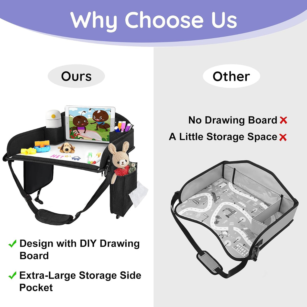 Kids Travel Tray, Kids Travel Trays for Car Seat, Road Trip Essentials for Toddler, Carseat Lap Tray with Dry Erase Board & Storage Organizer for Road Trip Activities for Kid, Black