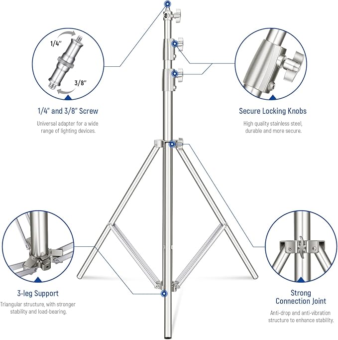 NEEWER 9.2ft/2.8m Stainless Steel Light Stand, Spring Cushioned Heavy Duty
