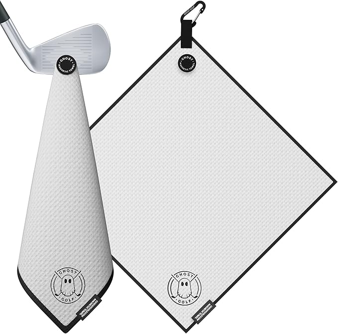 Ghost Golf Magnetic Towel (Greenside) - Premium Ultra-Absorbent Microfiber Golf Towel with Magnet for Golf Carts or Clubs - 18" x 18" Golfing Gear - Waffle Weave Pattern (White)