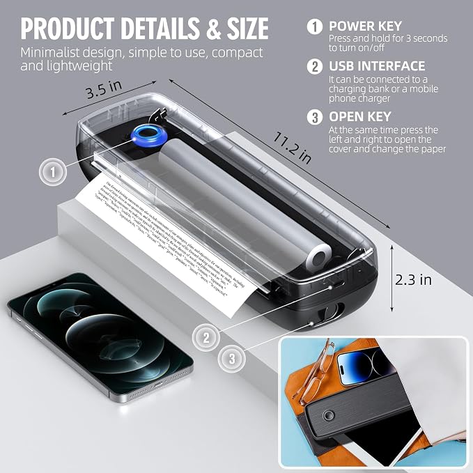 Portable Inkless Printer, Wireless Bluetooth Thermal Printer