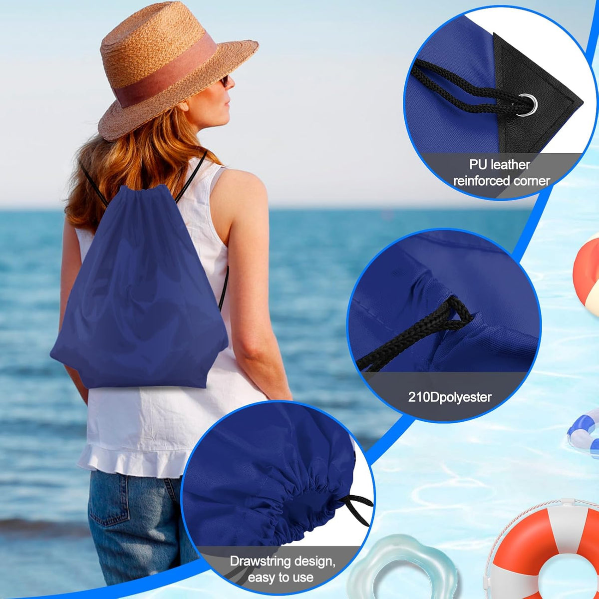 PLULON Drawstring Backpack - Navy Blue Cinch Sack for Gym, Yoga & Outdoor Activities | 2-Pack