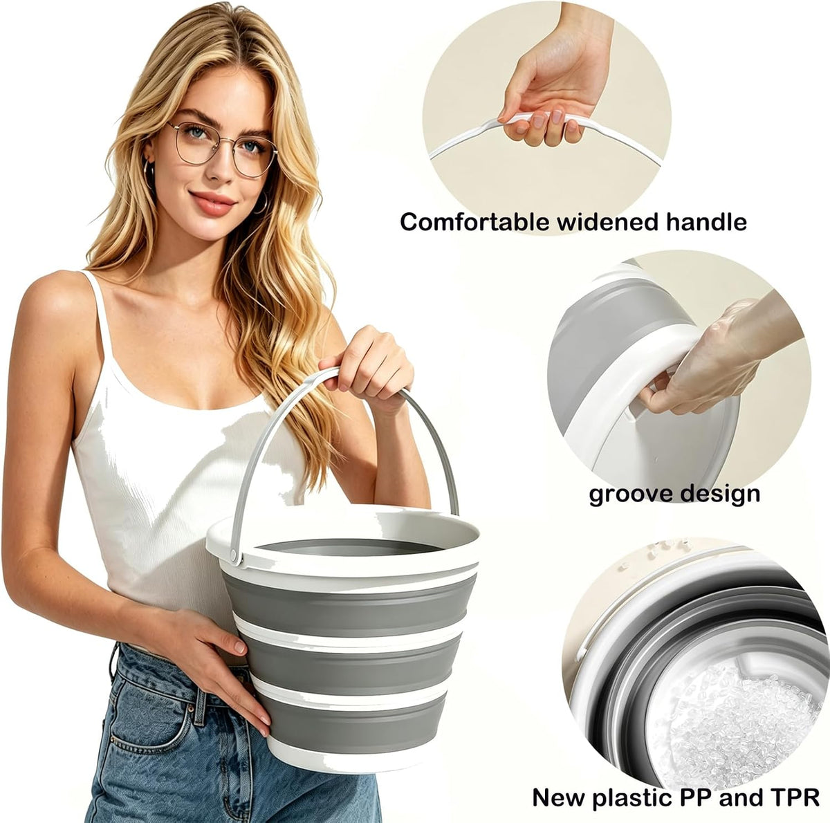 Collapsible Bucket with Handle 10L (2.6Gal), BPA Free Foldable Round Plastic Water Bucket, Portable Space Saving Tub for Car Washing Gardening Camping Fishing Home Cleaning (Grey, 10L)