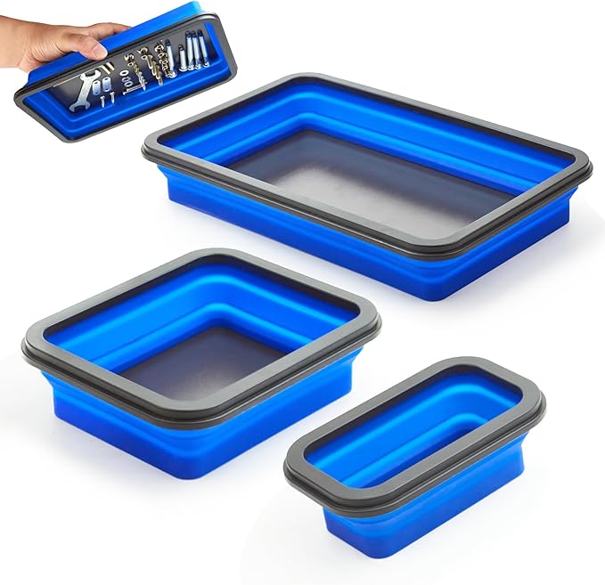 Collapsible Magnetic Parts Tray Set Foldable Magnetic Tray 3 Different Size Silicone Tool Trays for Screw, Bolts,Nuts,with Magnetic Base Stores and Organizes Small Parts and Tools