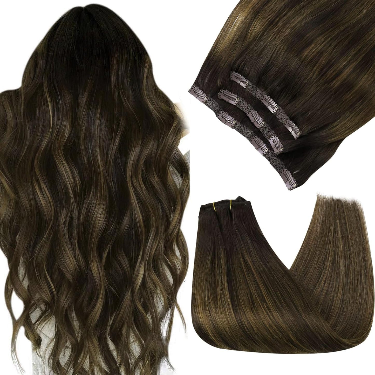 Sunny Clip In Extensions Real Human Hair 3Pcs Brown Ombre Clip In Hair Extensions Dark Brown Balayage Medium Brown Hair Extensio