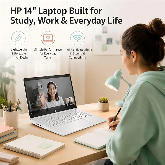 HP 14 Laptop for Students and Home Use, Intel Processor N150, 16GB RAM | 128GB UFS+256GB MSD, 14" HD Display, Wi-Fi 6, 1-Year Microsoft 365, Copilot AI Key, Lightweight, Natural Silver, W/Mouse