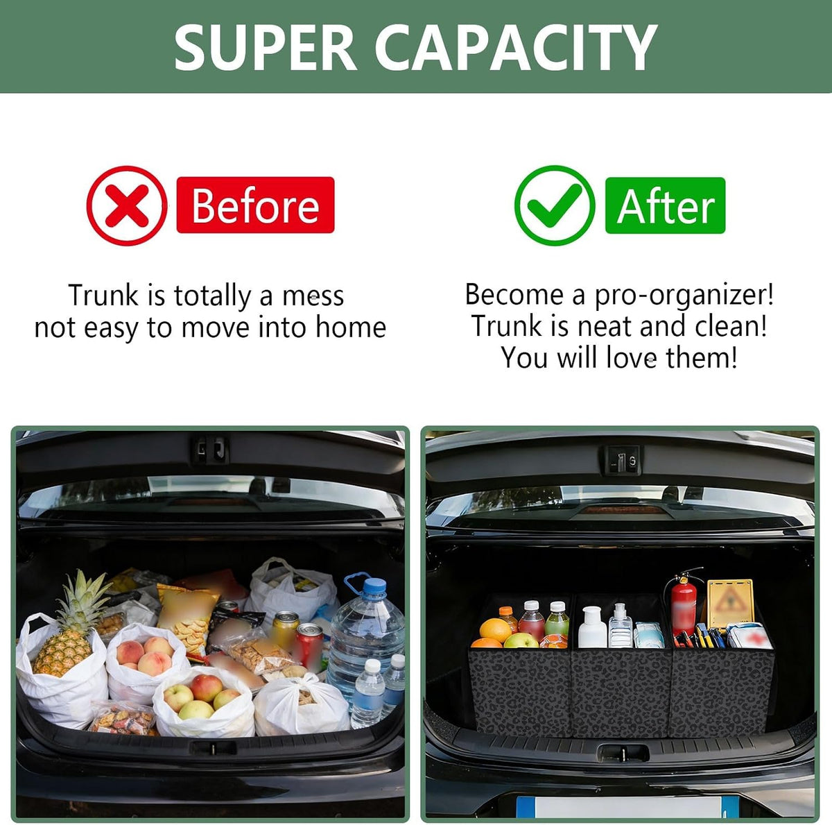 ALAZA Gray Leopard Cheetah Car Trunk Organizer and Storage with Handles for SUV Collapsible Carrying Grocery Bag Outdoors Shopping Reusable