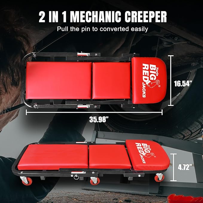 Big RED ATW4015ZR Torin ，40" Foldable Z-Creeper Seat，2-in-1 Garage/Shop Creeper，330 lbs Capacity，Low Profile Creeper with 6 pcs Wheels for Auto Repair，Garage and Shop，Lay Down or Sit，Red