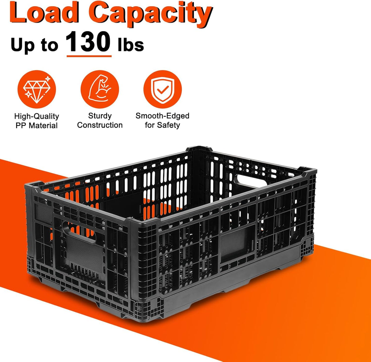 52L Milk Crate, Plastic Storage Crate with Handles, | Hold 130 lbs Per Bin, Large Collapsible Storage Bins for Home Organizing, Tools, Books, Camping & Transport