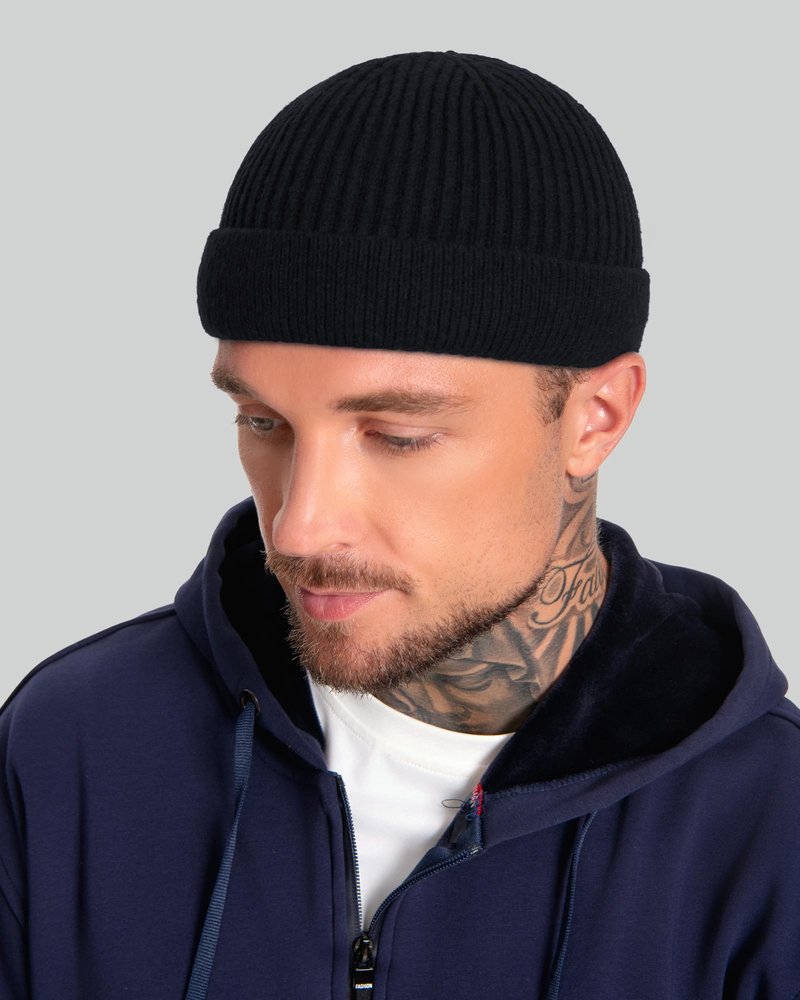 ROYBENS Swag Wool Short Fisherman Beanie for Men Women, Fleece Lined Warm Winter Hat, Knit Cuff Trawler Beanies Watch Skull Cap Black