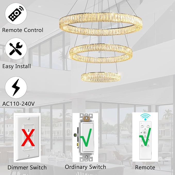 HAIXIANG Modern Glam Chandelier Crystal LED Remote Rings Chandelier Adjustable