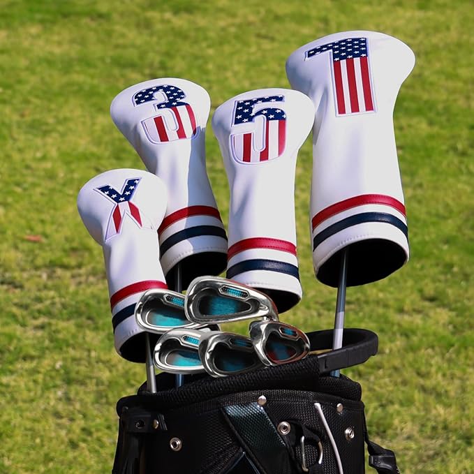 Golf Head Covers, 4pcs or 1pc USA Stars and Stripes Golf Club Covers for Woods and Driver Fairway Hybrid, PU Leather Golf Club Head Covers for Men Women with Interchangeable Tags, Fits Most Golf Clubs