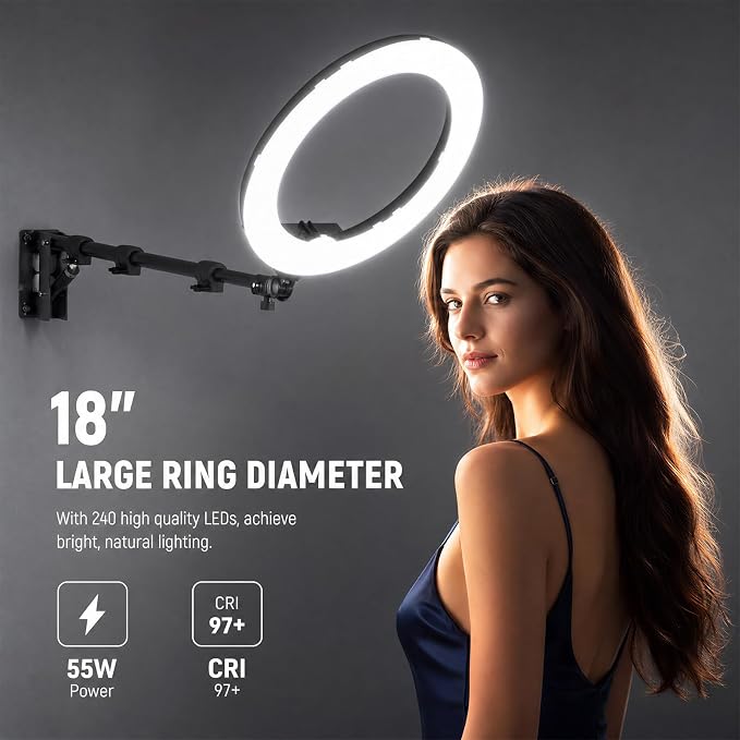 18 Inch Ring Light with Wall Mount Stand, Bi-Color LCD Display 55W 3000-5800K