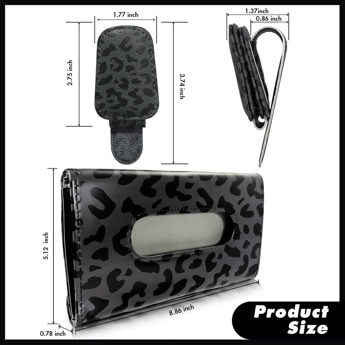 2 Pcs Sunglass Holder and 1Pcs Car Tissue Holder for Car, Magnetic Leather Sunglasses Holder Car Sun Visor Glasses Hanger Clip,Car Interior Accessories for Women(Black Leopard Print)
