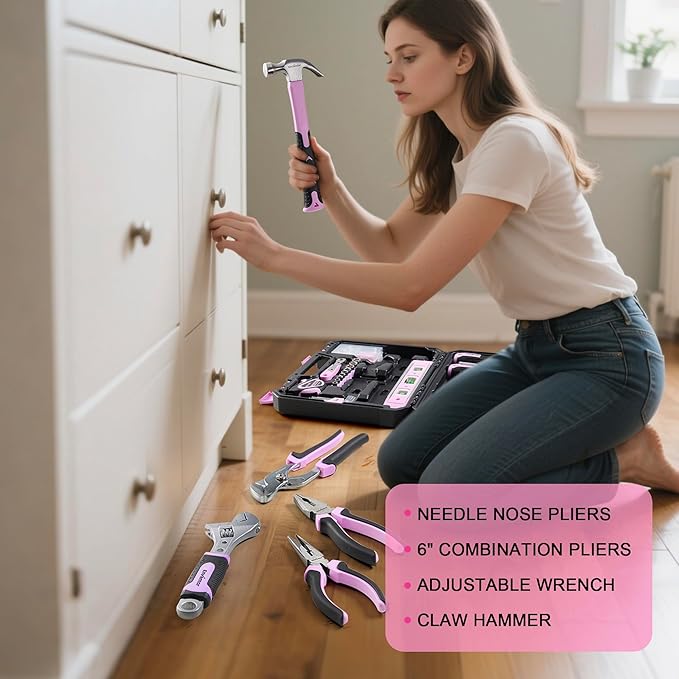 Enventor Pink Tool Kit Set for Women, 146PCS General Household Hand Tool Kit with Storage Toolbox, Ladies Small Basic Tool Kits for Home Maintenance, DIY Projects