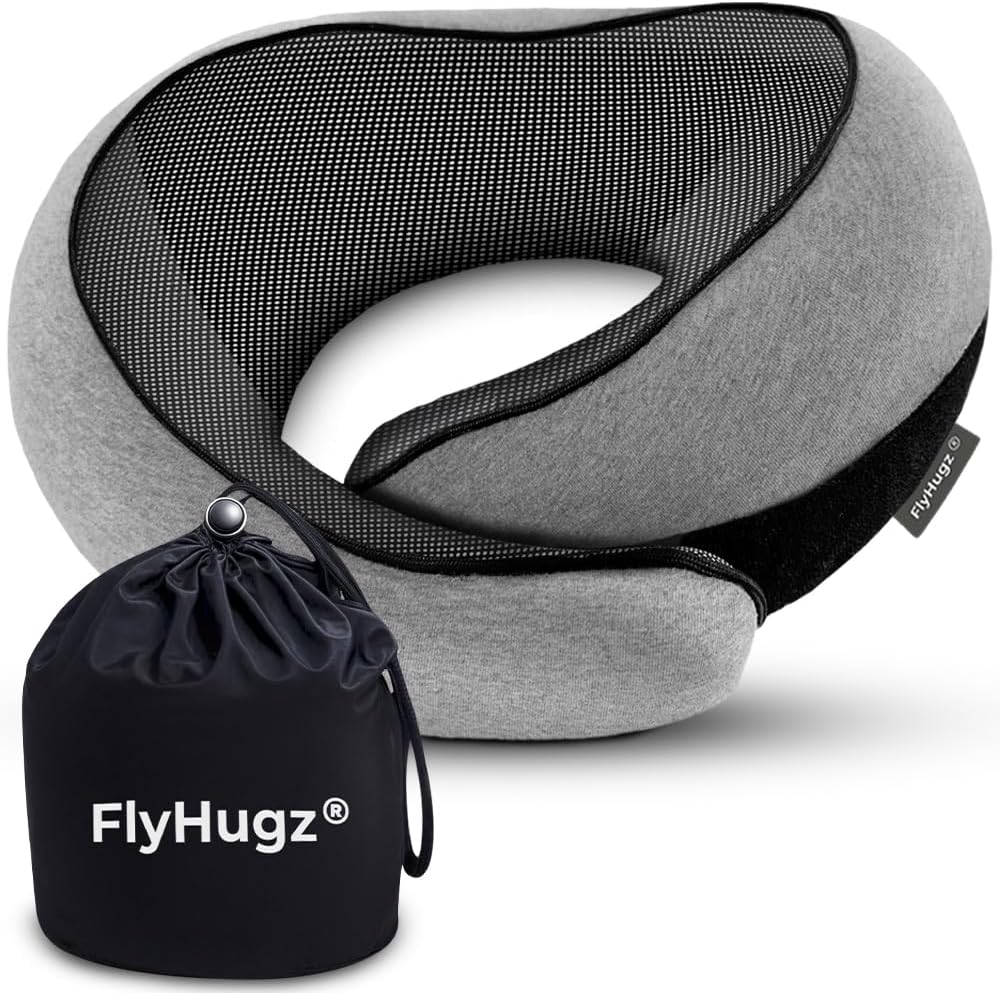 FlyHugz® Neck Travel Pillow Memory Foam Neck Pillow for Comfort on Airplane Compact and Ergonomic Design for Travel, Car Rides, and Home Use Ideal for Adults and Kids. (Leopard Print)
