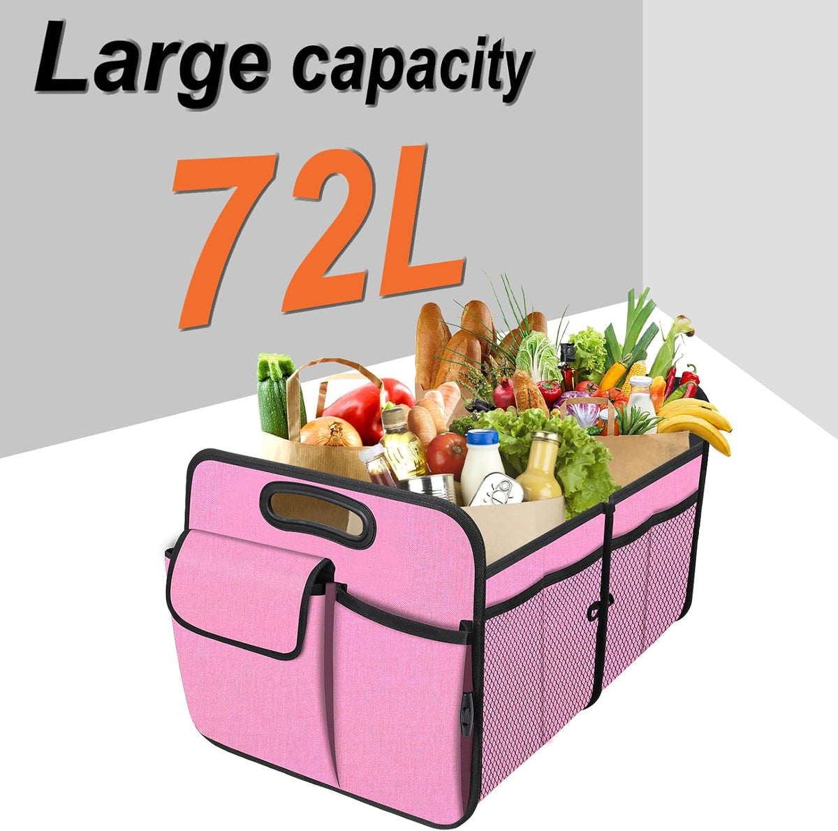 Trunk Organizer, Collapsible Trunk Organizers and Storage, Car Accessories for Women and Men, Multi-Compartment Trunk Storage Organizer for SUV, Car, Mini-Van, Pink