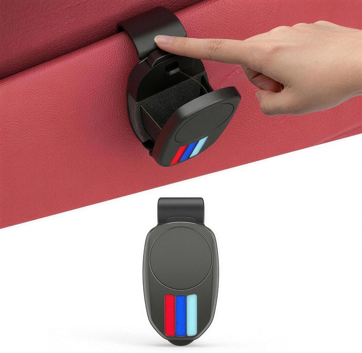 Mini Car Sun Visor Glasses Clip - One-Click Push Button Sunglasses Holder - Sporty Tri-Color Stripe Design,Universal Fit Car Enthusiasts and Drivers,Auto Interior Organizer (Black)
