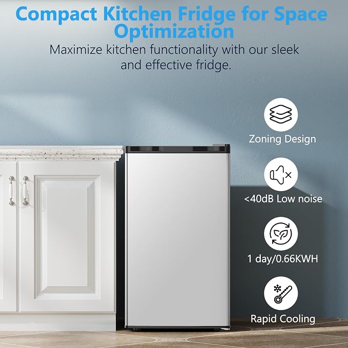 COWSAR 3.2 Cu.Ft Mini Fridge with Freezer for Bedroom Dorm, Silver | Single Reversible Door, 7 Temperature Settings, Energy Saving, 2 Removable Glass Shelves, Small Refrigerator for Apartment