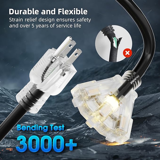 15 FT Outdoor Extension Cord with Multiple Outlets, 12 Gauge Heavy Duty Black Extension Cord Waterproof with 3 Outlet, 3 Prong Power Cord for Garden and Home Use Indicator Light, ETL Listed