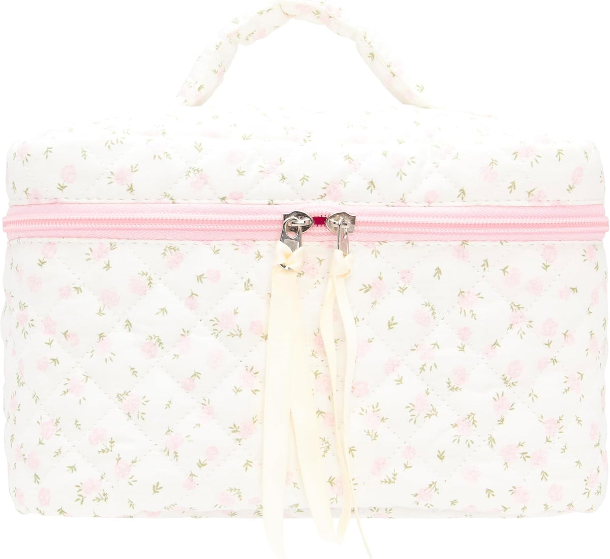 Quilted Makeup Pouch for Women, Travel Cosmetic&Toiletry Bag,Floral Yellow