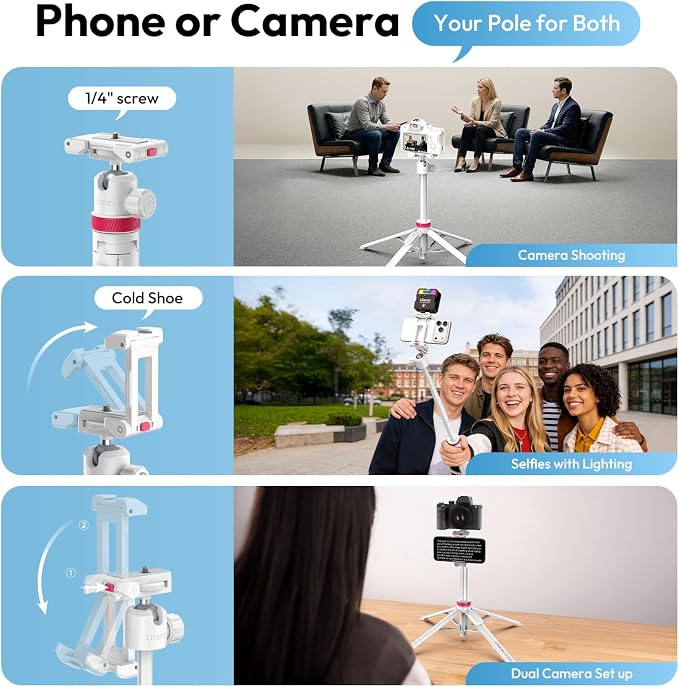 ULANZI MT-44B Phone Tripod, 360° Ball Head, Extendable Selfie Stick w Cold Shoe