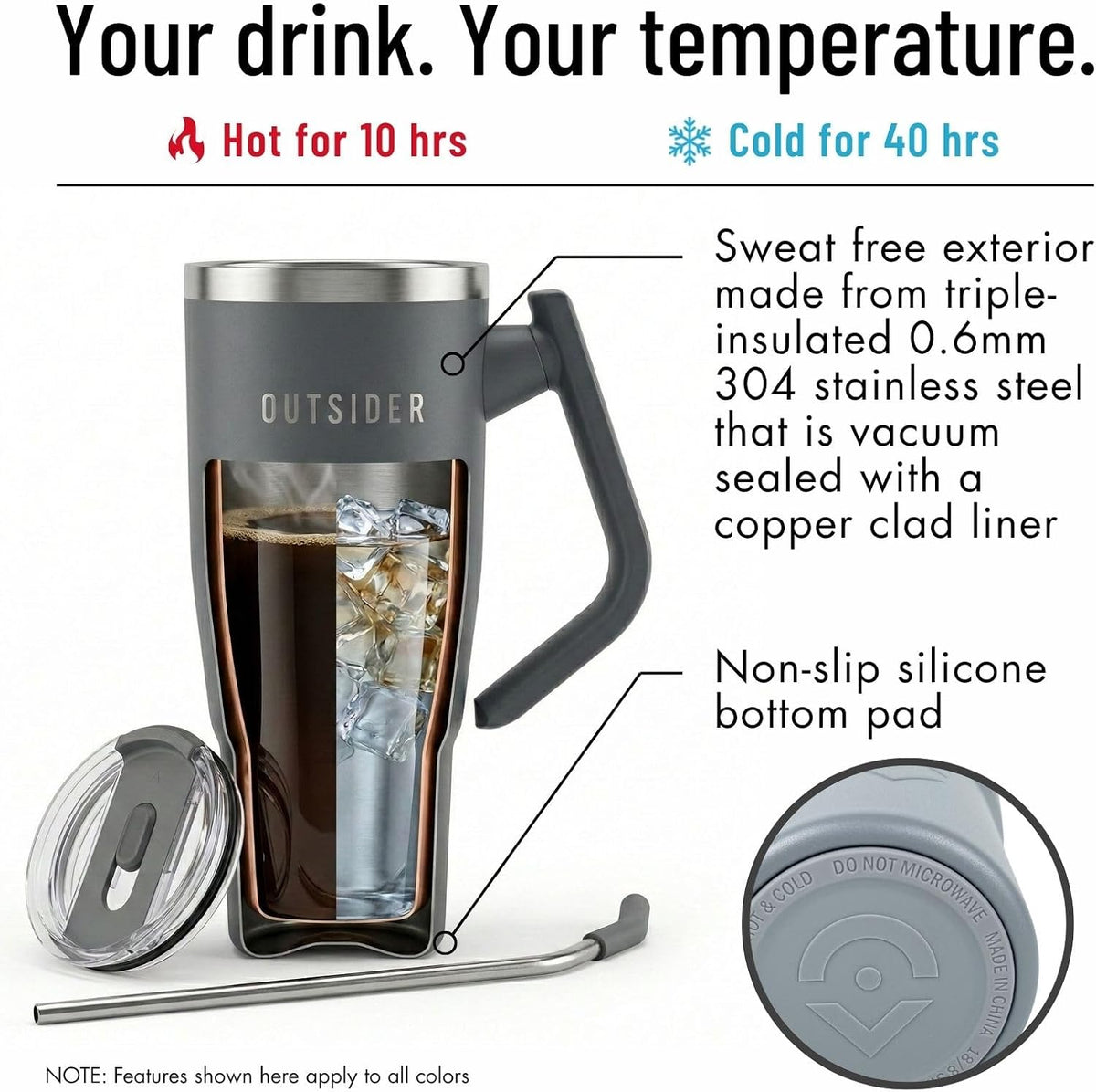 OUTSIDER The Everyday 40 oz Stainless Steel Vacuum Insulated Tumbler with Straw, Lid & 180° Swivel Handle for Easy Carrying – Leak Proof Tumbler for Home, Office, Gym, & Outdoors (Rose Tan)