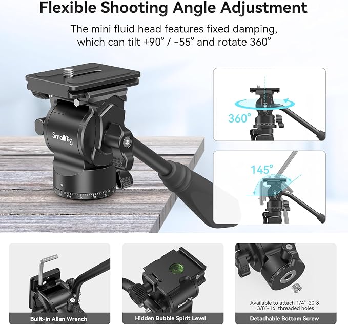 SmallRig CT180 Video Tripod, Aluminum Camera Tripod, 360° Panorama Fluid Head