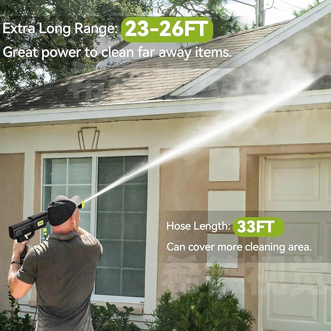 Portable Cordless Pressure Washer, 2 Battery Powered Power Washer with 6-in-1 Nozzle, 10 Adjustable Levels Portable Pressure Washer, 33FT Hose Handheld Car Washer for Patio, Floor, Garden